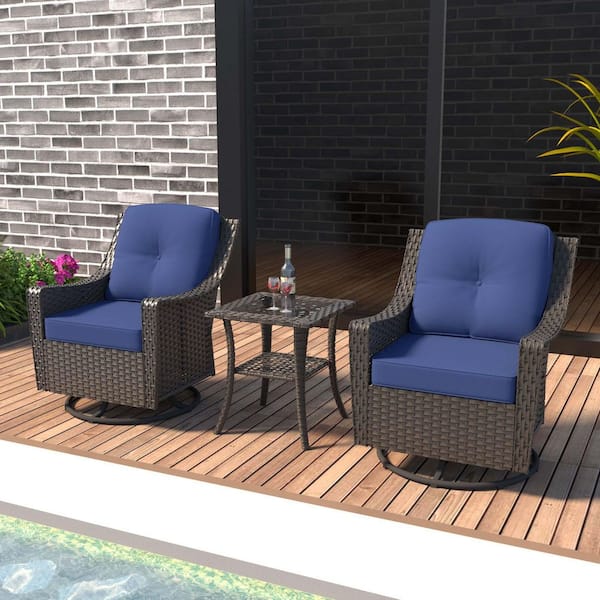 Swivel Wicker Outdoor Lounge Chair with Blue Cushions (3-Pack)