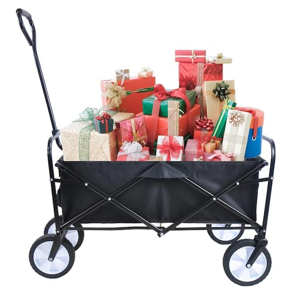 3 cu.ft. Steel Folding Garden Cart Utility Wagon Beach Cart with Adjustable Handle & 2 Mesh Cup Holders