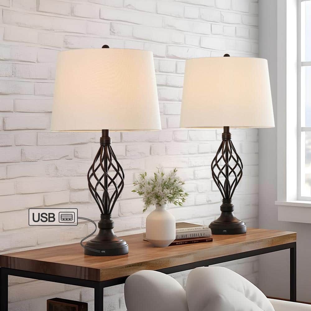 28 in. Bronze Table Lamps Set with White Linen Shade and USB Ports