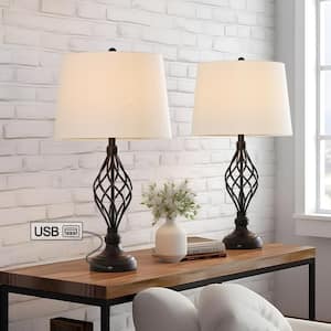 28 in. Bronze USB Table Lamp with White Linen Shade