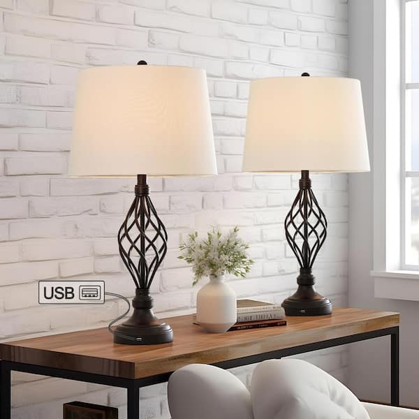 28 in. Bronze USB Table Lamp with White Linen Shade (Set of 2)