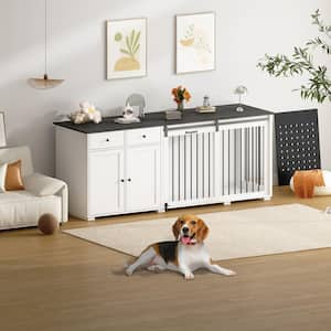 Large Dog House Furniture Dog Crate Storage Cabinet, Dog Cage with 2-Drawers and Sliding Door for Large Dogs, White