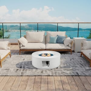 28 in. Round Terrazzo Propane Gas Off-white Fire Pit Table, 40,000 BTU with Blue Glass Stones and Rain Cover