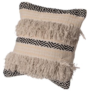 16 in. x 16 in. Natural Handwoven Cotton Throw Pillow Cover with Boho Design and Fringed Lines with Filler