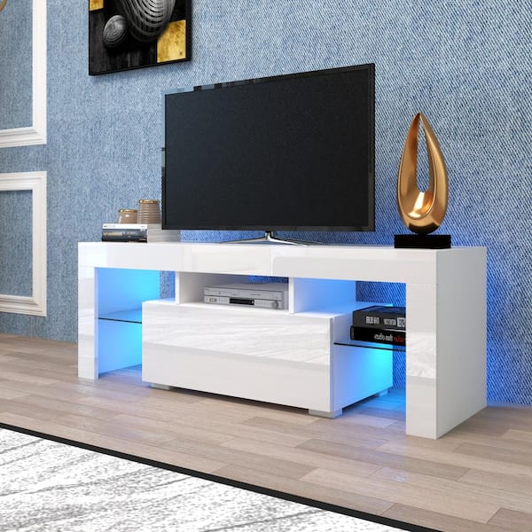 Modern White TV Stand with LED Lights High Glossy TV Table with Glass Storage Shelves TV Console Fits TVS Up to 55 in