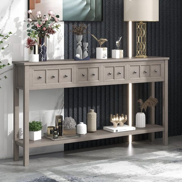 60 in. Gray Wash Rectangle Wood Console Table with two Different Size Drawers and Bottom Shelf for Storage Gray Wash