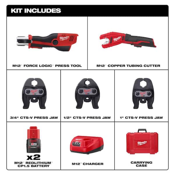 M12 12-Volt Lithium-Ion Force Logic Cordless Press Tool Kit with M12 Copper Tubing Cutter (3 Jaws Included)