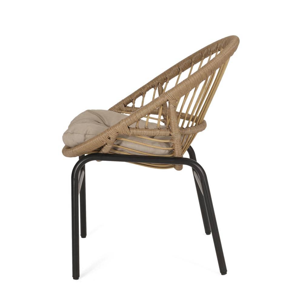 Light Brown and Beige Wicker Outdoor Dining Chairs with Cushions, Set of 2