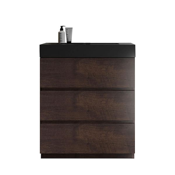 FORCLOVER 30 in. W x 18.1 in. D x 37 in. H Single Sink Freestanding Bath Vanity in Brown with Black Engineered Stone Top