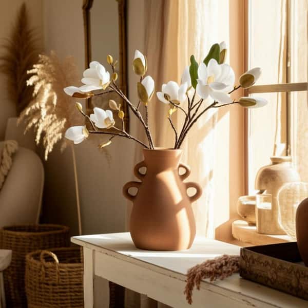 Liv & Skye 12 in. Brown Ceramic Amphora Four Handles Decorative Vase