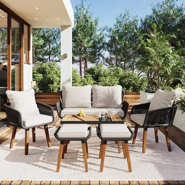 Xzkai 6-Piece Rope Patio Conversation Set with Cushion Guard Beige Cushions Have Wood Cool Bar Table with Ice Bucket
