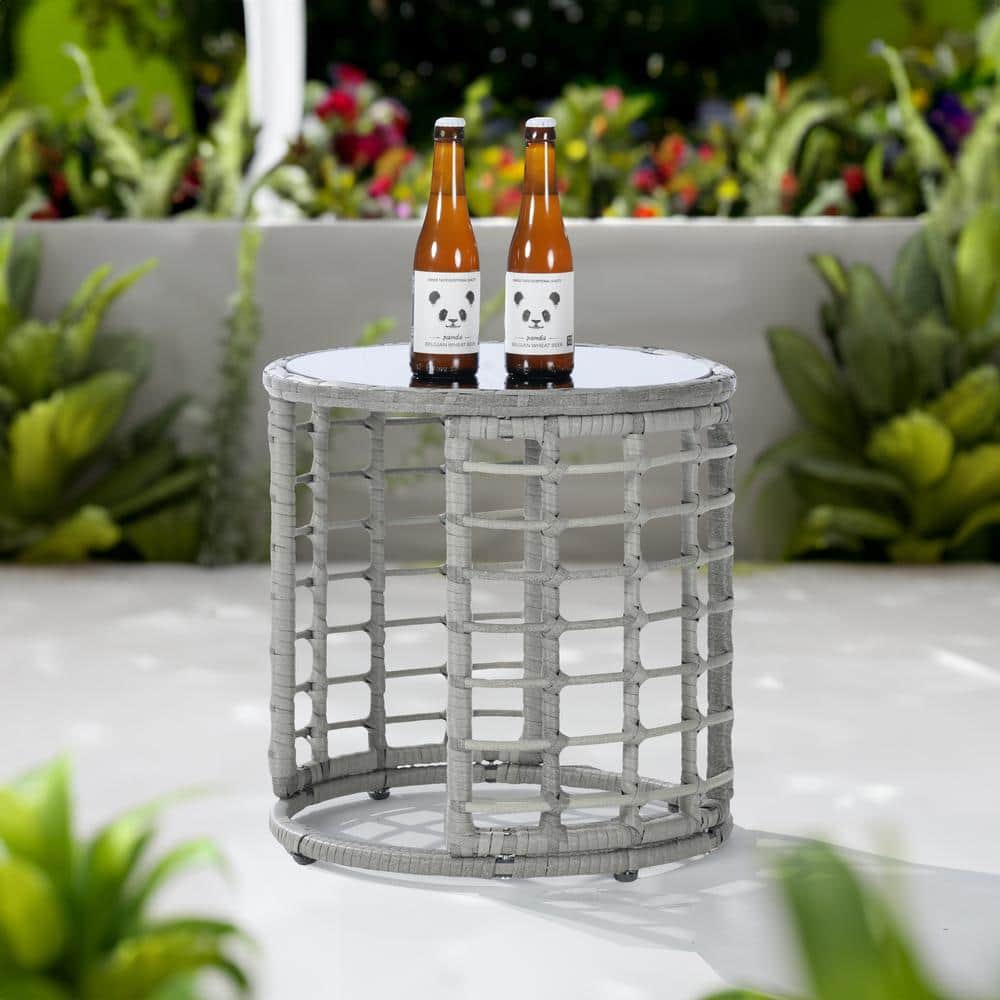 Patio Wicker End Table, Gray Rattan Round Glass Top Wicker Coffee Table Sid