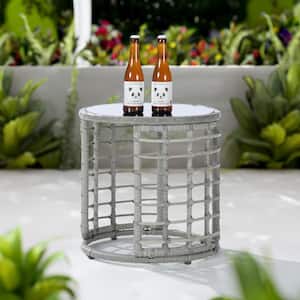 Patio Wicker End Table, Gray Rattan Round Glass Top Wicker Coffee Table Side Storage Table