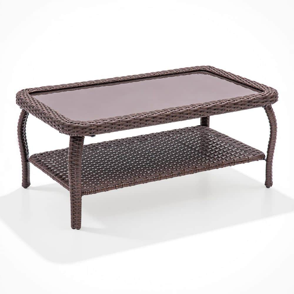 TimberLeg Brown Rectangle Wicker Outdoor Coffee Table with Tempered Glass Top