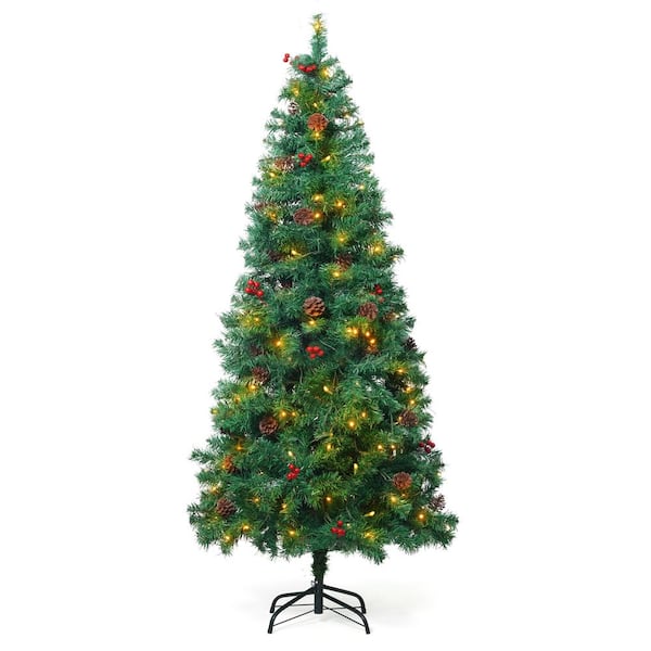 4.5 ft. Pre-Lit LED Slim Pencil Tree Artificial Christmas Tree with 150 Lights with Pinecones, Berries & Foldable Stand