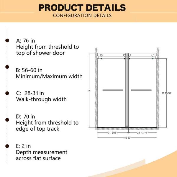 ANGELES HOME 56-60 in. W x 76 in. H Double Sliding Frameless Shower Door in Brushed Nickel Finish with Clear Glass and Buffer