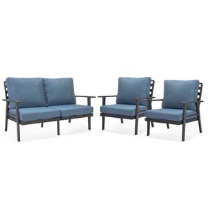 Walbrooke Black 3-Piece Aluminum Outdoor Loveseat and Set of 2 Armchairs with Removable Cushions, Navy Blue