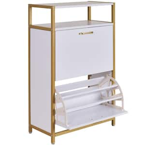 Freestanding Shoe Storage Cabinet with 2 Flip Drawers, White Modern Slim Hidden Organizer with Metal Legs, 2-Shelf
