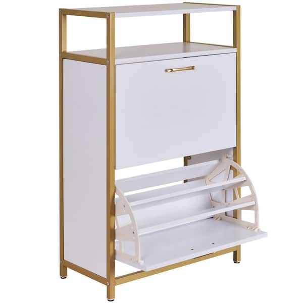 VECELO Freestanding Shoe Storage Cabinet with 2 Flip Drawers, White Modern Slim Hidden Organizer with Metal Legs, 2-Shelf