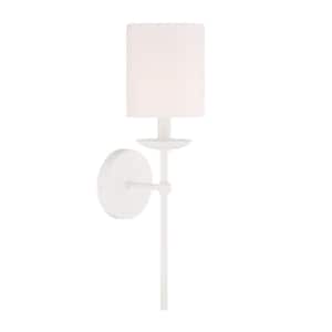1-Light White Wall Sconce with a White Linen Shade