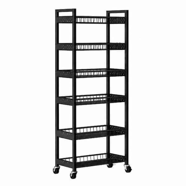6 Tier Black Slim Rolling Storage Cart with Wheels for Narrow Spaces and Kitchen, Bath, Laundry