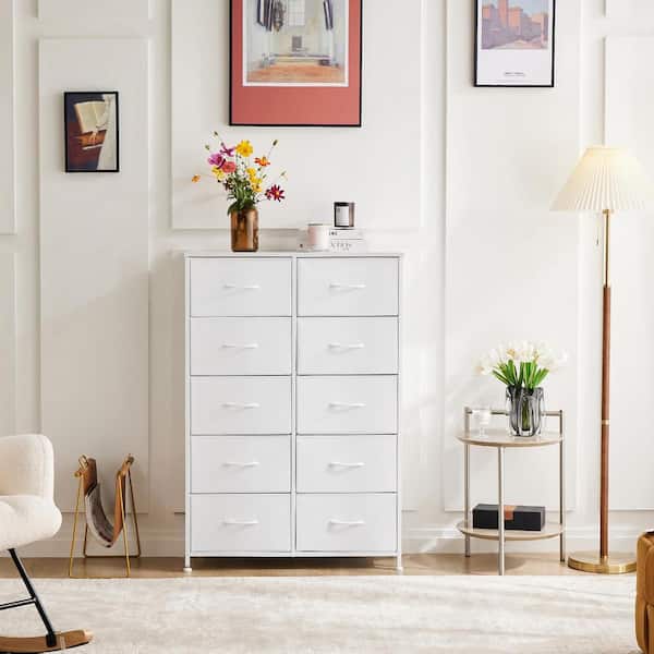 WONDER COMFORT Stylish White 10-Drawer 11.8 in. Wide Chest of Drawers for Bedroom, Tall Chest Organizer Tower with Wooden Top