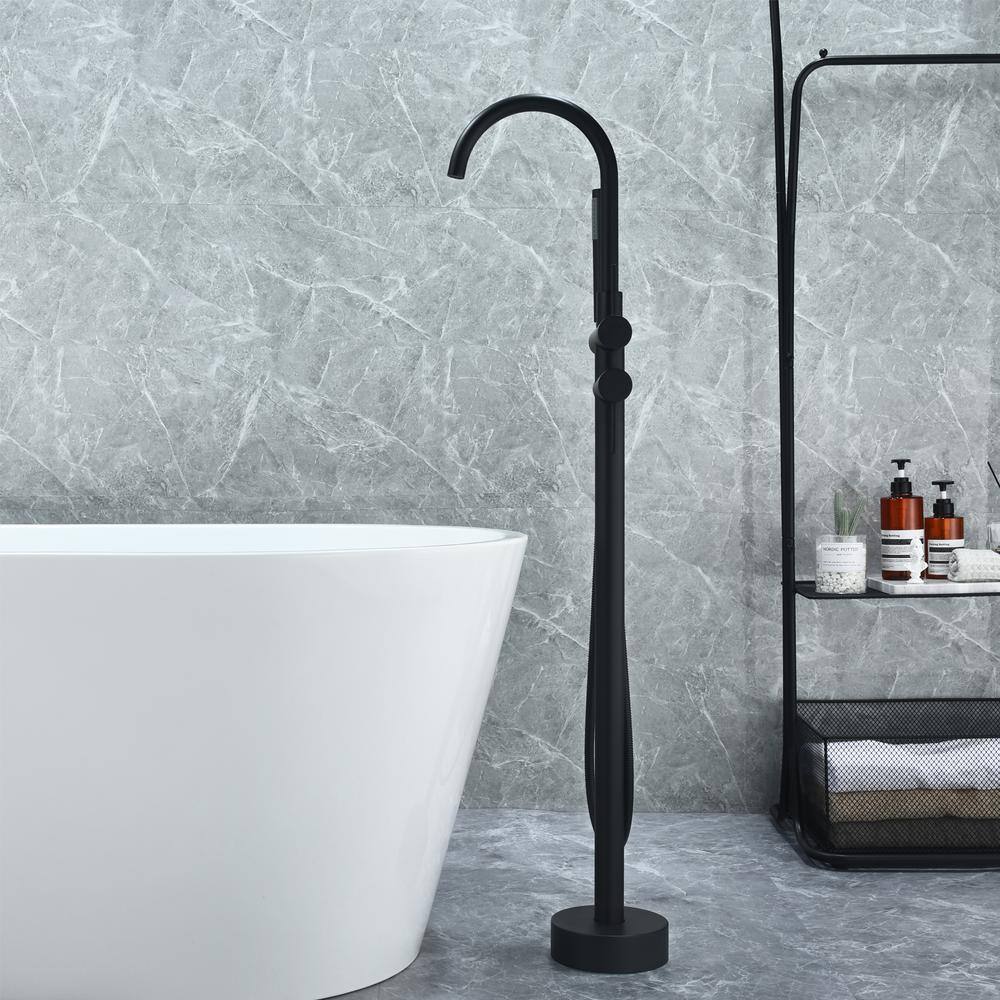 Matte Black Gooseneck Floor Mounted Tub Faucet with Handshower