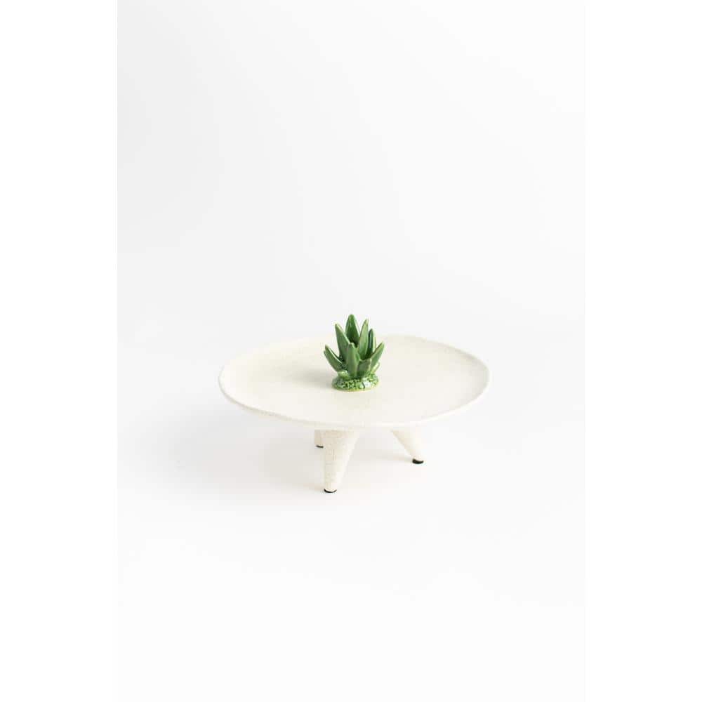 White Ceramic Round Display Platter with Cactus Detail