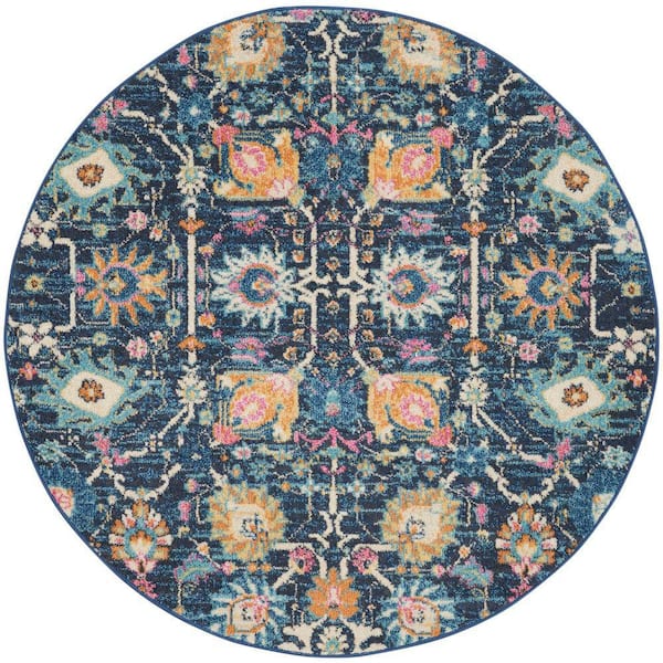 Nourison Passion Navy 5 ft. x 5 ft. Floral Transitional Round Area Rug