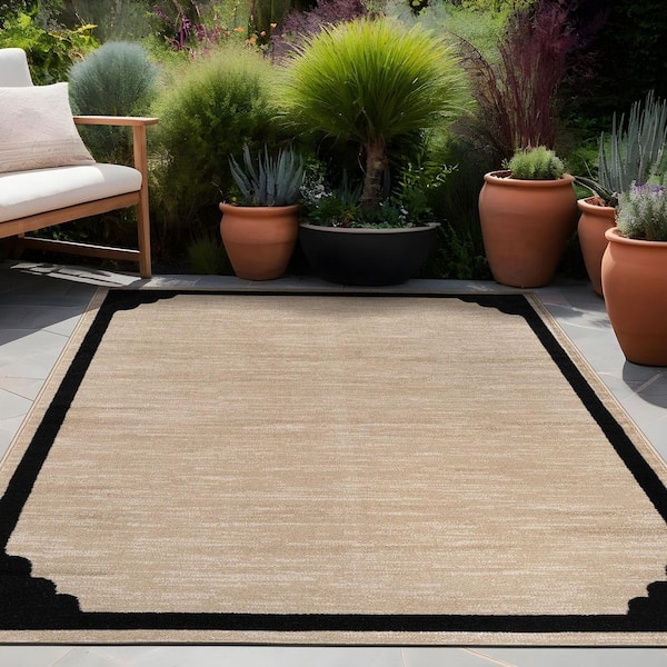 Hera Beige 9 ft. x 12 ft. Rubber Back Washable Corner Bordered Indoor Outdoor Patio Area Rug