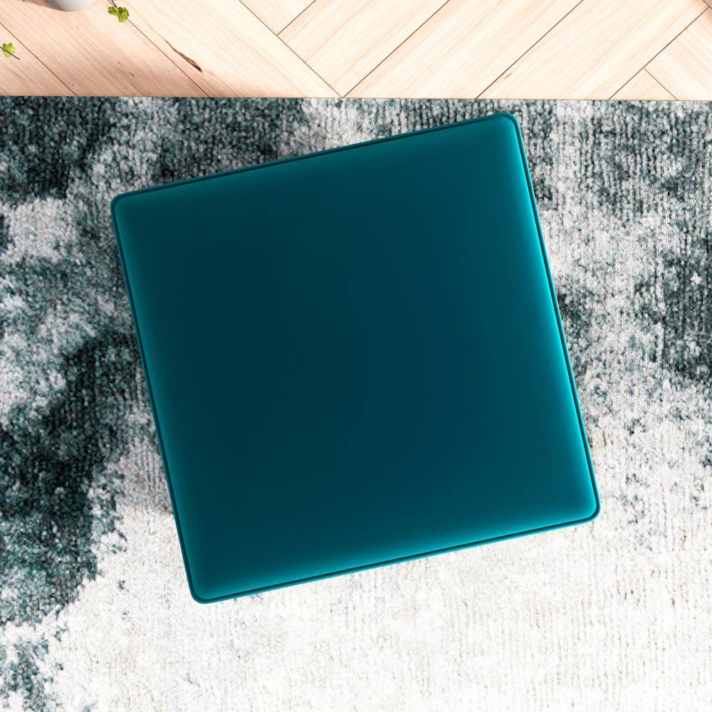 Teal Velvet Mid-Century Modern Square Ottoman with Walnut Legs