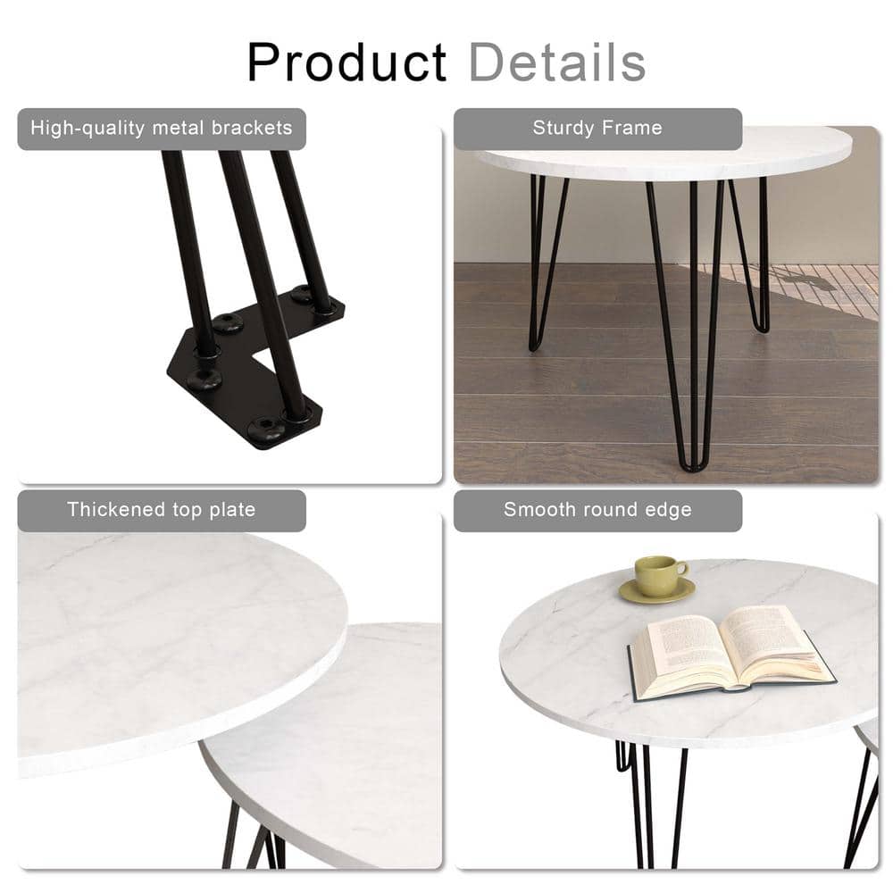 White Faux Marble Round Nesting Coffee Table Set with Metal Legs