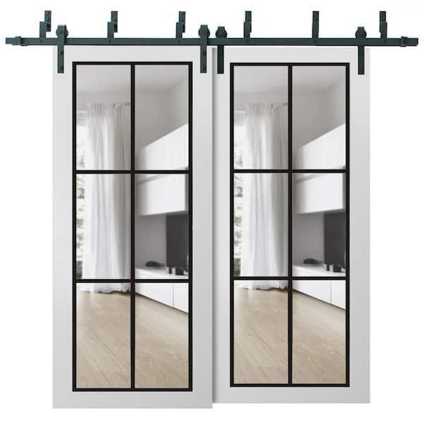 48 in. x 84 in. 2 Panel Clear Glass White Solid Wood Sliding Barn Door with Hardware Kit