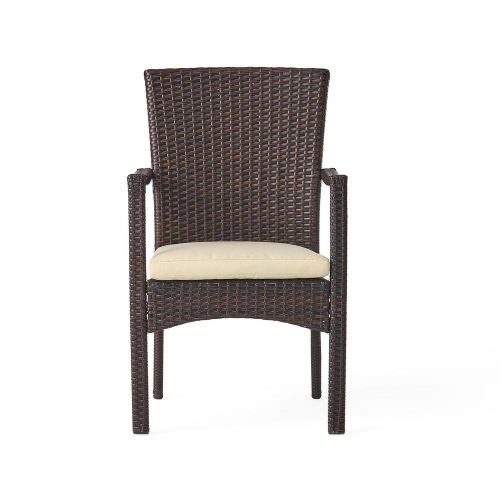 Corsica Brown Iron Wicker Dining Arm Chair with Cream Cushions