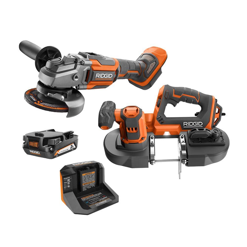 RIDGID 18V Cordless 2-Tool Combo Kit with Compact Band Saw, Brushless 4-1/2 in. Angle Grinder, 2.0 Ah Battery, and Charger -  R8604R860429302