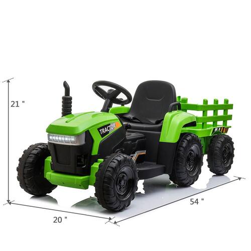 12-Volt Kids Battery Powered Electric Tractor with Trailer in Green
