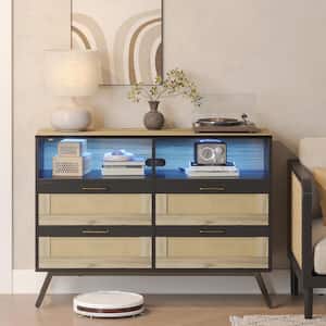 Black 4-Drawers 41.73 in. Ratten Chest of Drawers Dresser Vanity Table Storage Cabinet with Open Shelves