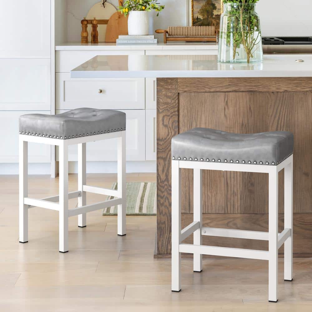 LUE BONA 24 in. Light Grey Cushioned Backless Faux Leather Saddle Bar stools with White Metal Frame (Set of 2), Light Gray