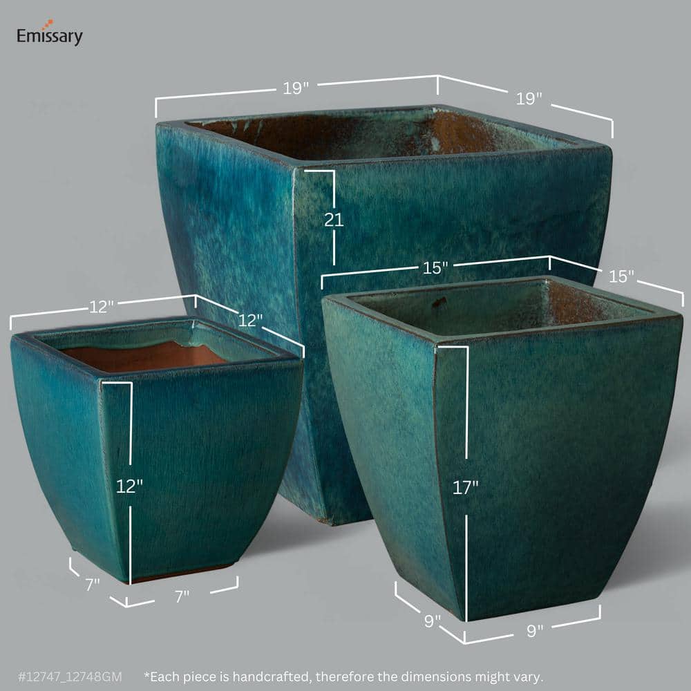 Teal Square Ceramic Planter for Indoor/Outdoor Use, 12" x 12"