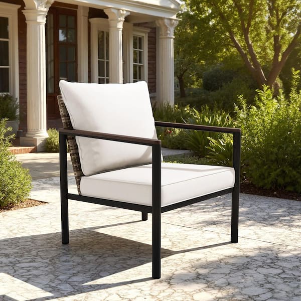 Outdoor Patio Wicker Lounge Chair with Beige Cushions for Casual Seating