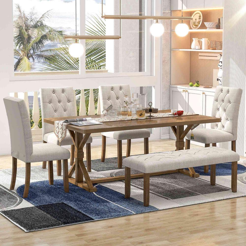 6-Piece Farmhouse Walnut Wood Top Dining Room Set Seats 5 price history on PriceWatchPro