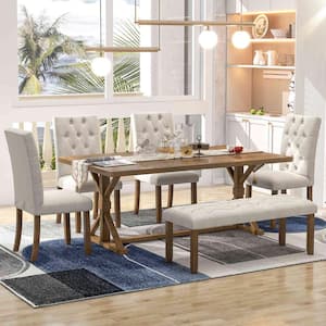 6-Piece Farmhouse Walnut Wood Top Dining Room Set Seats 5