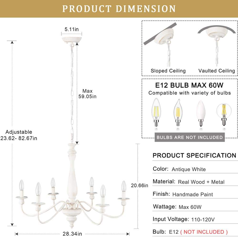 Antique White 6-Light Metal Candle Chandelier