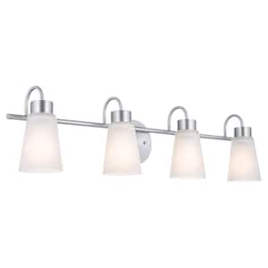 Erma 32.5 in. 4-Light Brushed Nickel Traditional Bathroom Vanity Light with Satin Etched Glass Shades