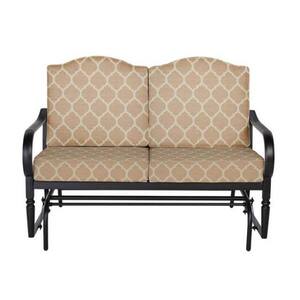 Laurel Oaks Black Steel Outdoor Patio Glider with CushionGuard Toffee Trellis Tan Cushions