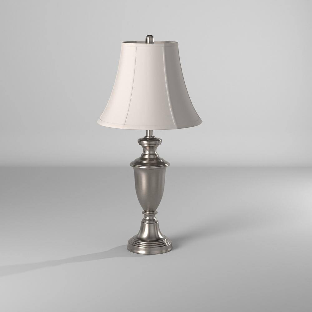 Brushed Steel Table Lamp Set with White Silk Shades