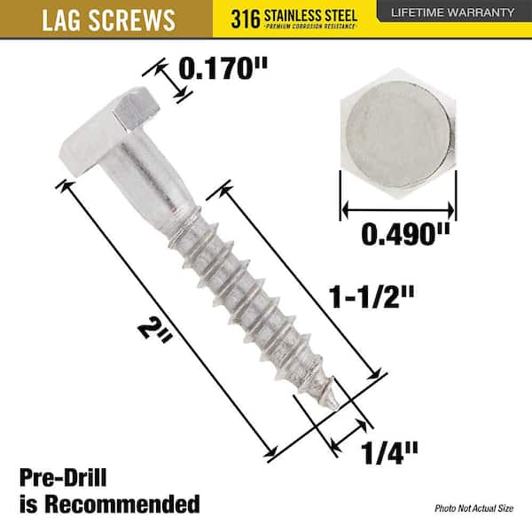 DECKMATE Marine Grade Stainless Steel 1/4 X 2 in. Hex Lag
