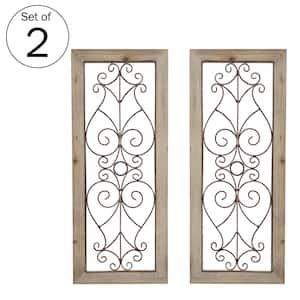 Wrought Iron Brown Swirl Scrollwork Panels with Wood Frames Set of 2