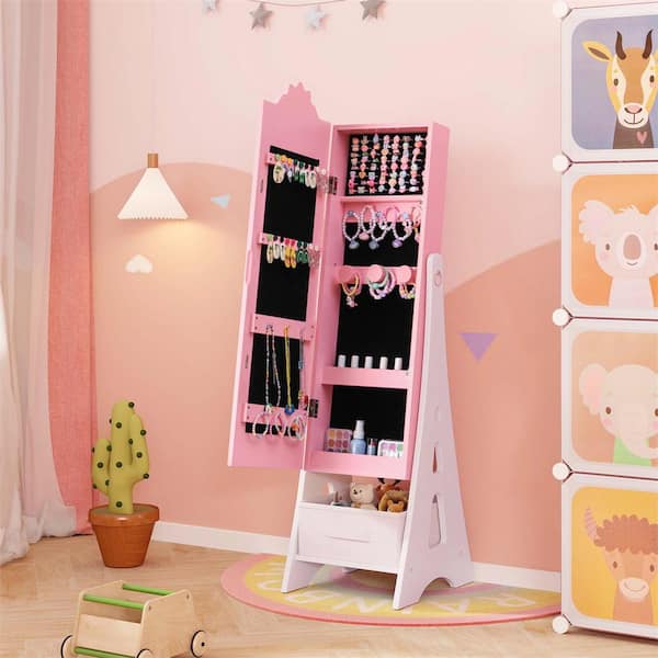 Costway 12.5 in. Width Kids Vanity Set Princess Makeup Dressing Table and Chair Set with Jewelry Armoire Pink