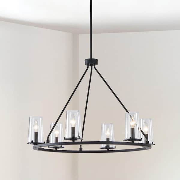 Jared 30 in. 6-Light Matte Black Chandelier with Clear Glass Shades
